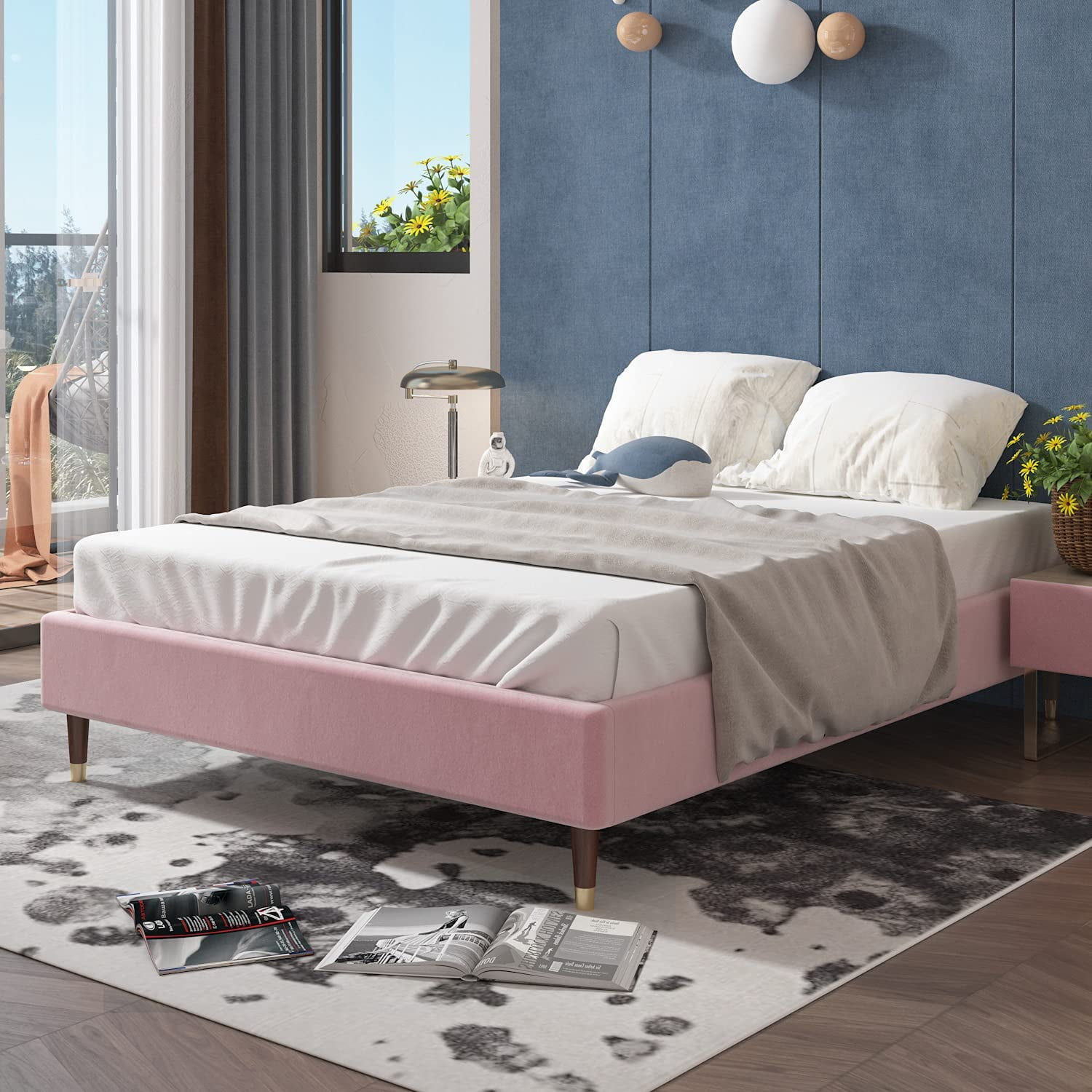 Nextfur Queen Size Pink Velvet, Plush Bed Frame