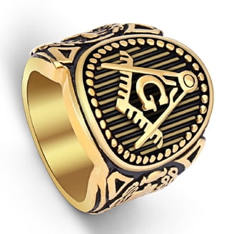 Bling Masonic Symbol Ring - Gold Plated Rhinestone Freemason Ring For Men, Sizes 7-12
