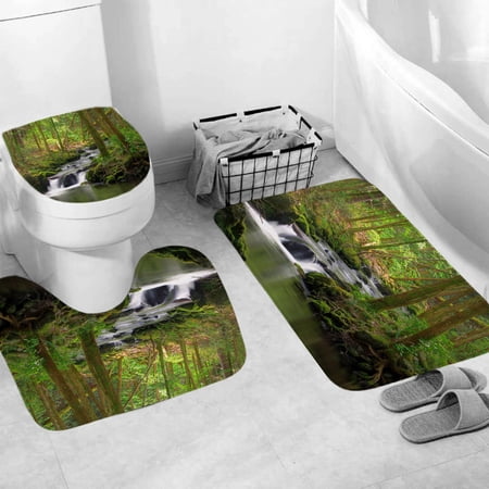 3 Pcs Waterfall Exotic Rainforest with Tropical Trees Bath Mats Set for Bathroom, No Silp Washable Cover Floor Rug Decorations for Kitchen Bathroom Bedroom