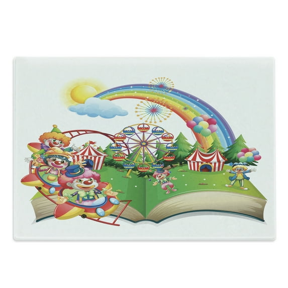Ferris Wheel Cutting Board, Dreamy Fun Circus Amusement Park with Rainbows and Clowns in a Book Cartoon, Decorative Tempered Glass Cutting and Serving Board, in 3 Sizes, by Ambesonne