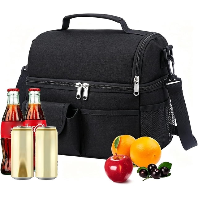 Lonchera Térmica con Doble Compartimento para Hombres, Mujeres, Bolsa de Almuerzo Reutilizable de Doble Compartimento con Viajes, Picnic, Trabajo, Impermeable y Térmica (BLACK)