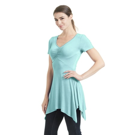 Side Ruched Cap Sleeve Top - WT1342 Womens Short Sleeve Ruched Empire Tunic Top With Side Panel M Aqua
