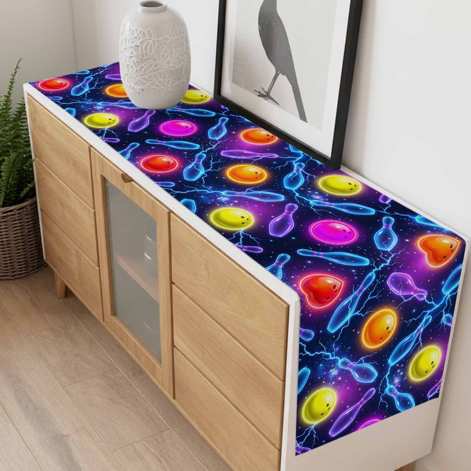 Bowling Table Runner 16 x 72 Inch, Purple Blue Yellow Bowling Balls Bottles Sports Black Washable Cotton Linen Dining Table Runner Tabletop Decorations for Restaurant Home Kitchen Party