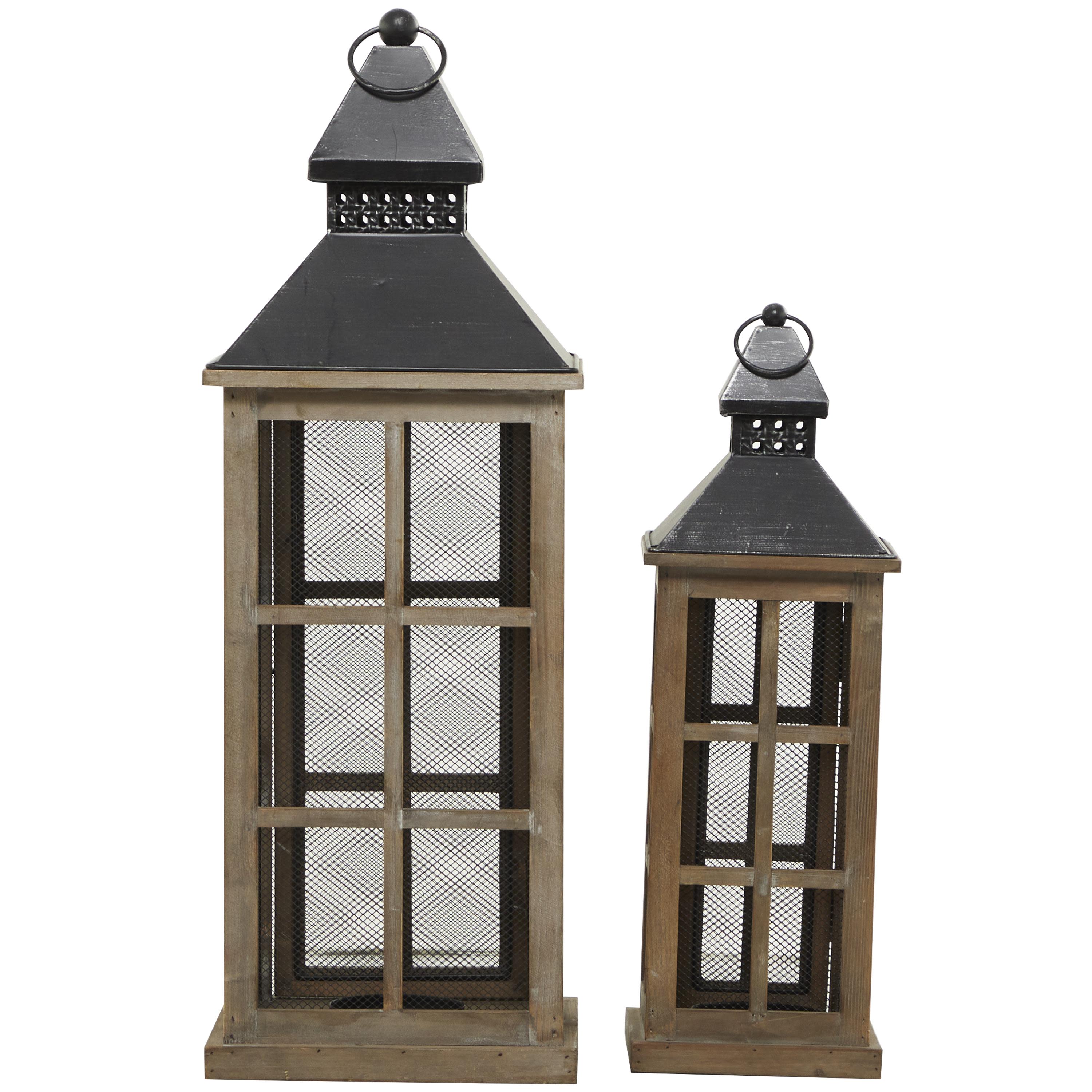 DecMode 2 Holder Brown Wood Lighthouse Style Decorative Candle Lantern, Set of 2