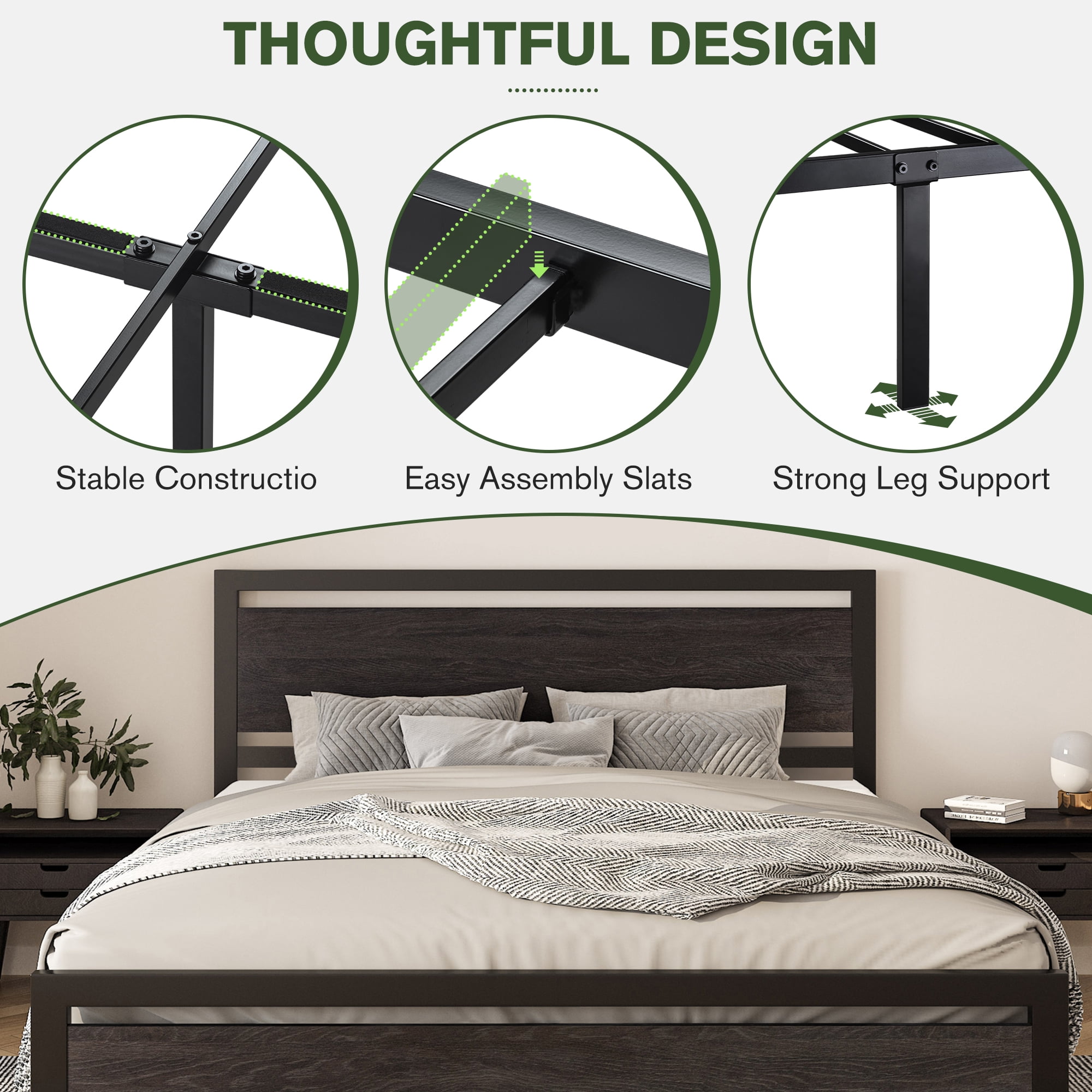 Einfach Queen Size Metal Platform Bed Frame with Wooden Headboard & Footboard, Black Oak