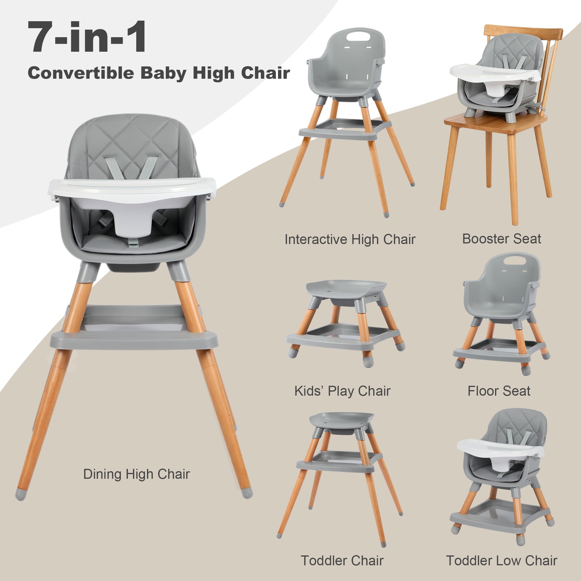 AILEEKISS 7 in 1 Wooden Baby High Chair for Toddler, Infant Feeding Chair with Removable Tray