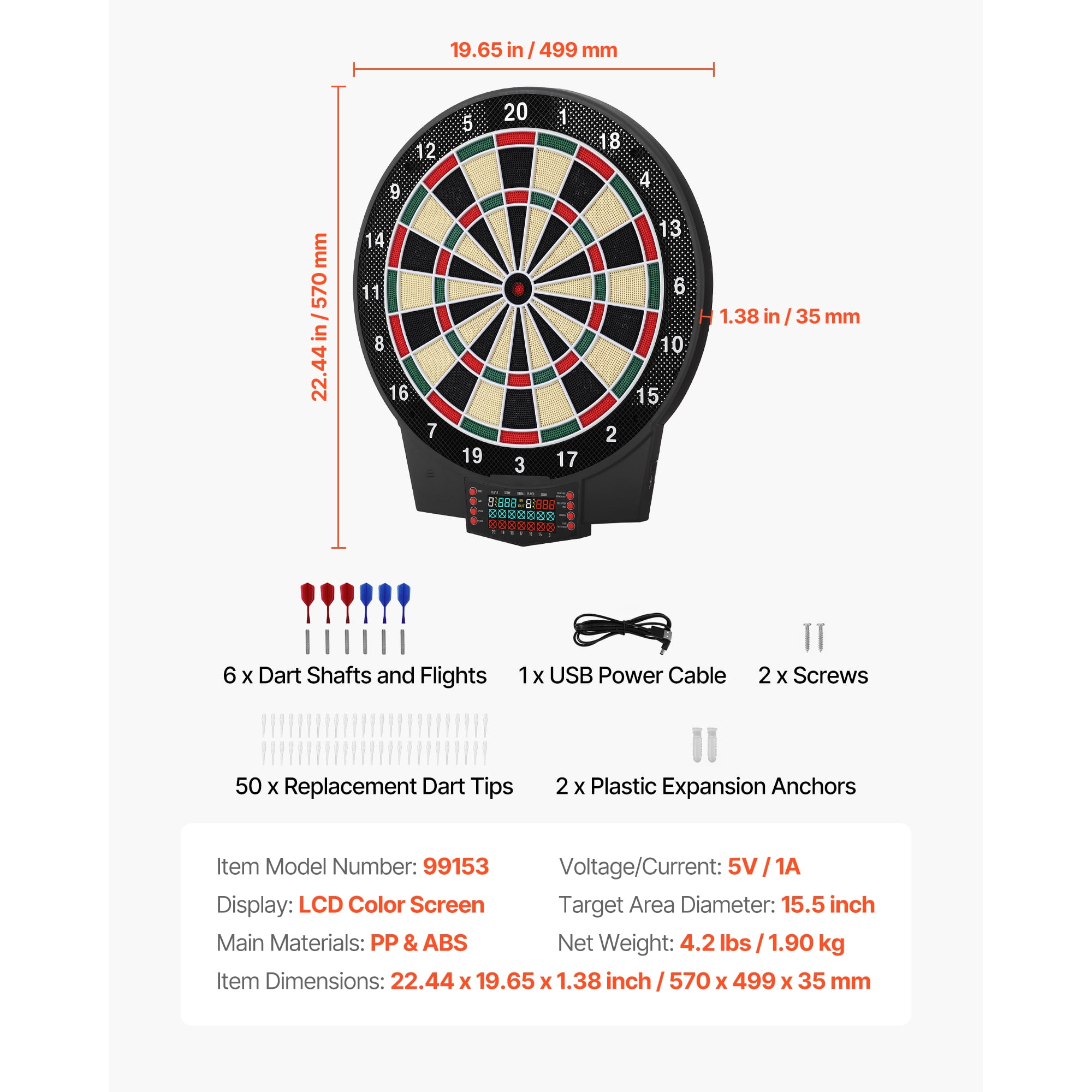 KFFKFF Electronic Dart Board with 15.5" Target Area, Featuring 43 Games and Over 320 Variations for Up to 8 Players, Includes 6 Dart Shafts, Flights, and 50 Soft Tips