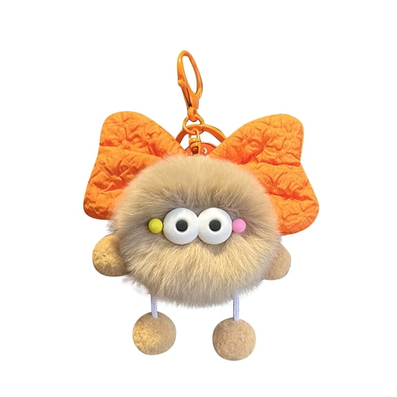 Plush Toy Keychain Handmade Fuzzy Ball Bag Charm with Eyes and Giant Bow Novelty Pom-pom Man Bag Pendant with Hands and Legs Purse Charm Ornament Car Accessoies Key Ring for Gift Handbag(Khaki)