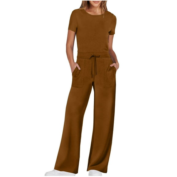 Wdfiry Formal Jumpsuits for Women Casual Solid Short Sleeve Playsuit Clubwear Straight Wide Leg Jumpsuit with Drawstring