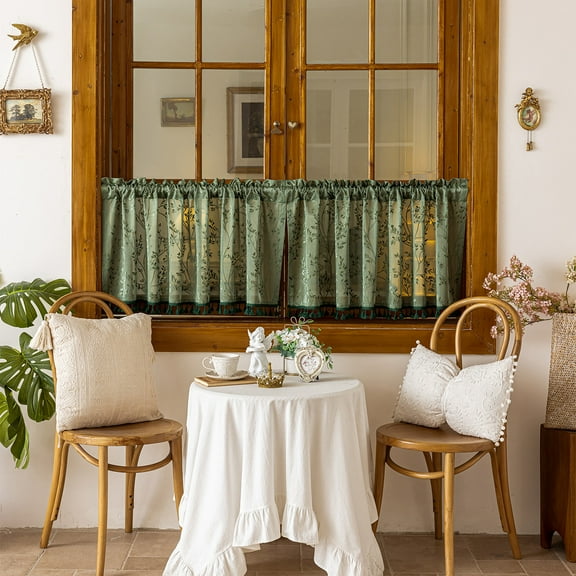 Sunyuer 1 Panel French Floral Sheer Curtains with Tassels for Small Windows White Kitchen Window Curtains Romantic Short Sheer Curtain for Doorway Decoration Door Divider