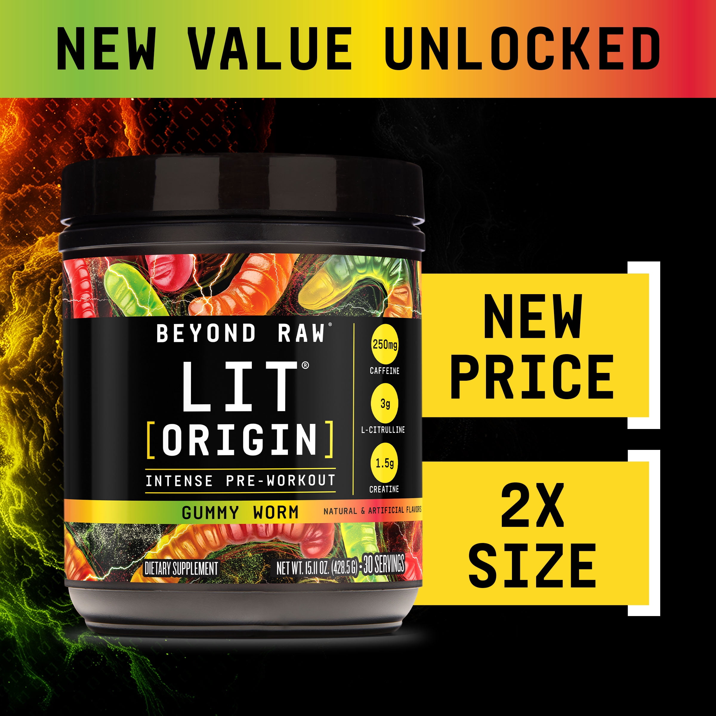 Beyond Raw LIT Origin Pre Workout Powder, Gummy Worm, for Men & Women, Energy & Pumps, 30 Servings