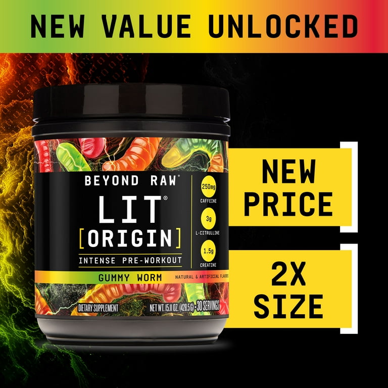 Beyond Raw LIT Origin Pre Workout Powder, Gummy Worm, for Men & Women,  Energy & Pumps, 30 Servings
