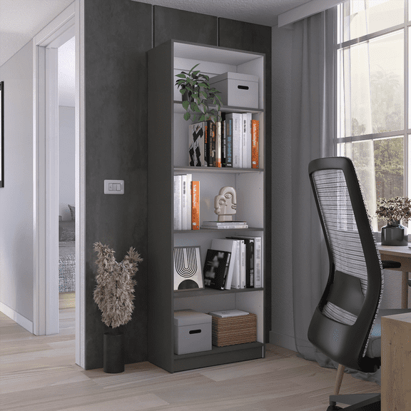 Manufactured Wood 4-Shelf Bookcase with Extra Lower Storage - Matt Gray/White for Home & Office