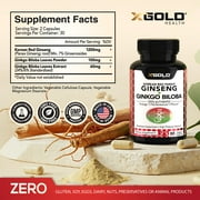 Korean Red Panax Ginseng 1200mg + Ginkgo Biloba - Extra Strength Root Extract Powder Supplement w/High Ginsenosides Vegan Capsules for Energy, Performance & Focus Pills for Men & Women