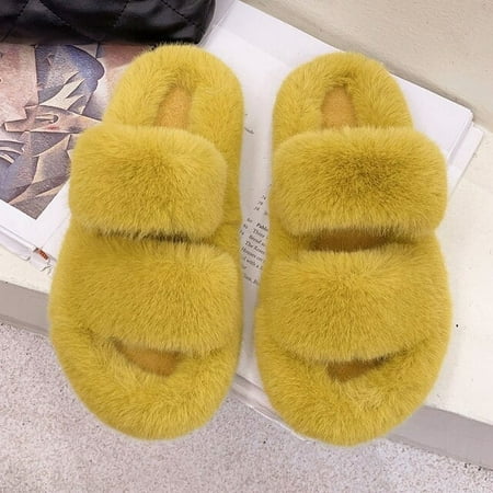

CoCopeaunt Winter House Women Fur Slippers Fashion Cross Band Warm Plush Ladies Fluffy Shoes Cozy Open Toe Indoor Fuzzy Slides For Girls