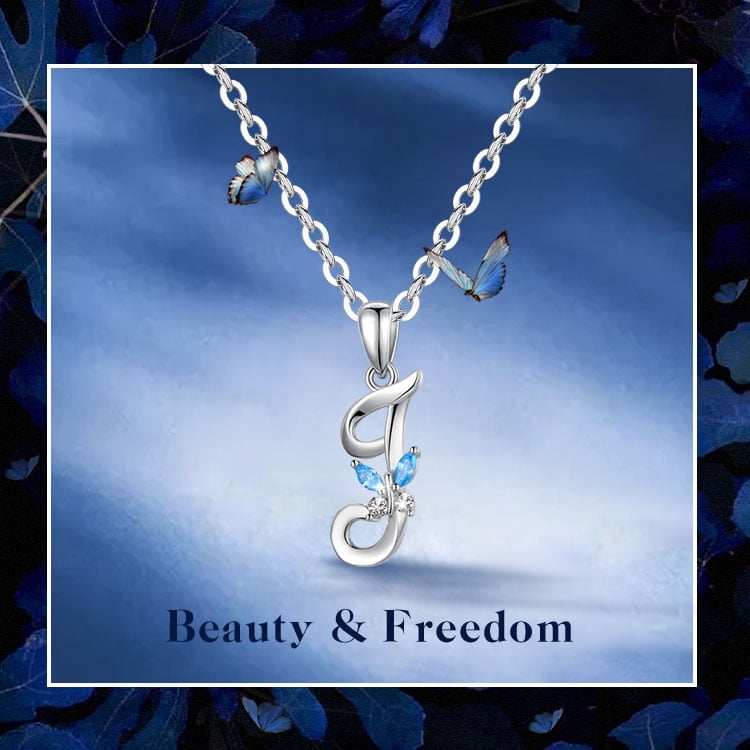 EUDORA Sterling Silver J Initial Necklaces with Blue Butterfly, Script Letter Alphabet Pendant Jewelry Gift for Women, Mother, 18 inch Chain