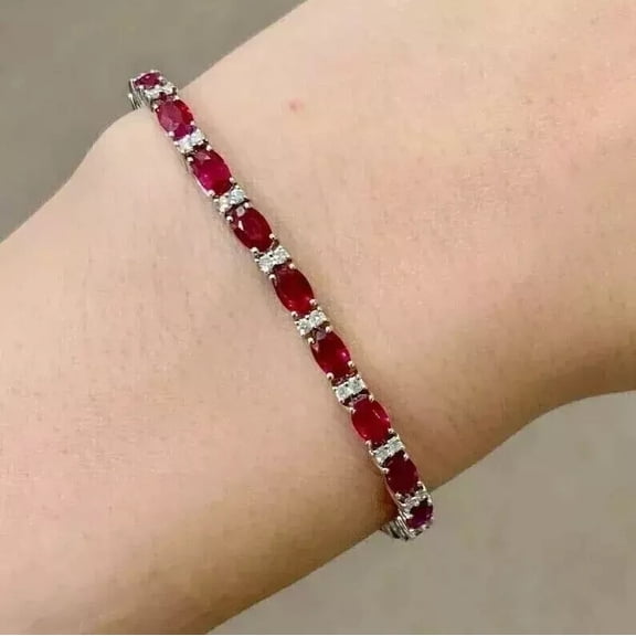 9Ct Oval Cut Simulated Red Ruby Tennis Bracelet for Women 14K White Gold Plated