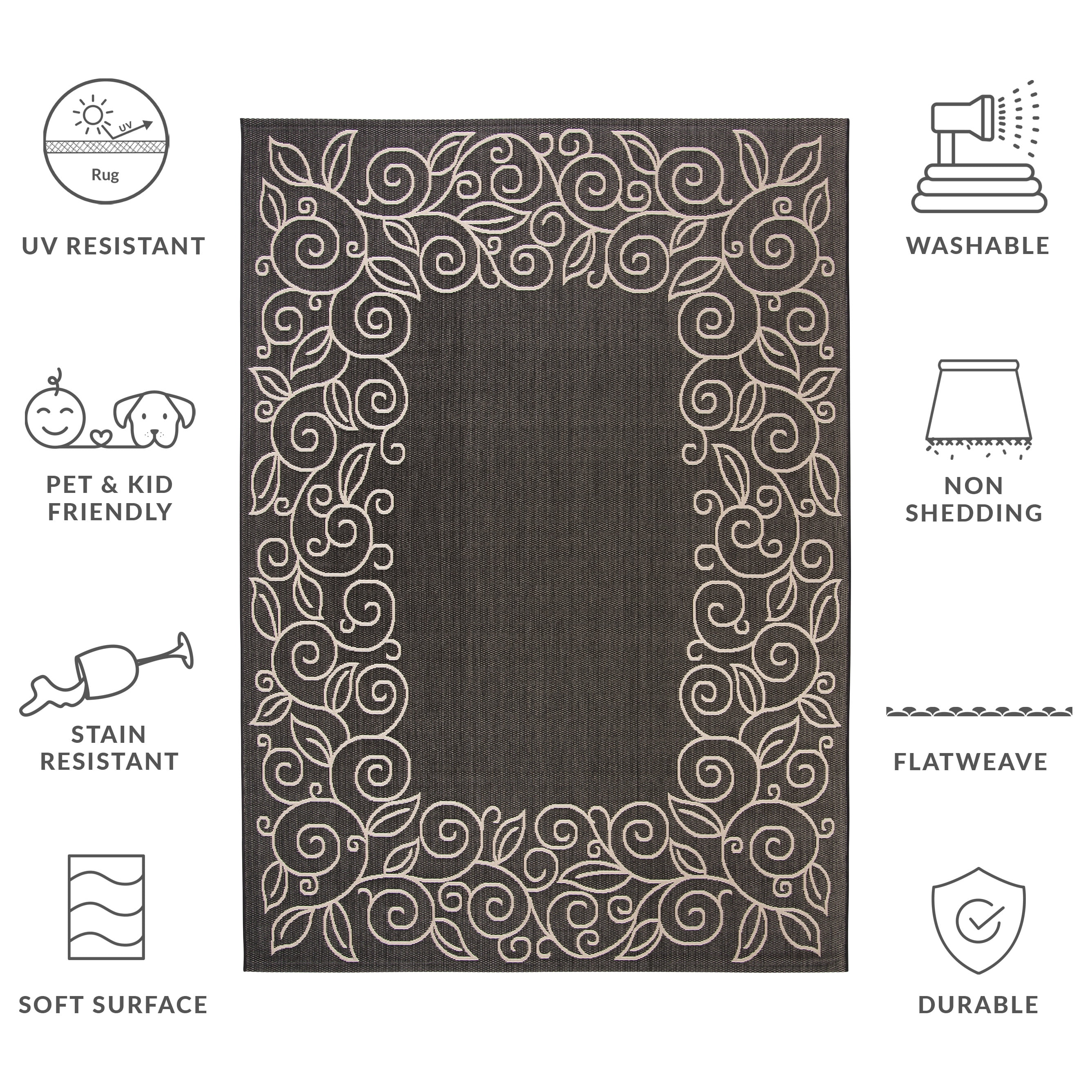 SAFAVIEH Courtyard Chole Bordered Indoor/Outdoor Area Rug, Black/Beige, 6'7" x 6'7" Square