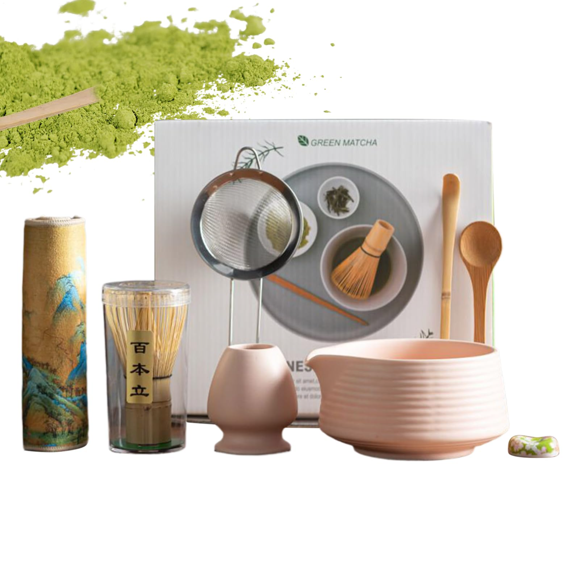 Complete Japanese Matcha Tea Preparation Kit: 600ml Ceramic Bowl with Spout, Bamboo Whisk (Hyotan), Whisk Stand, Tea Scoop – Premium Ceramic & Bamboo Tools for Authentic Matcha Rituals, Ideal for Tea