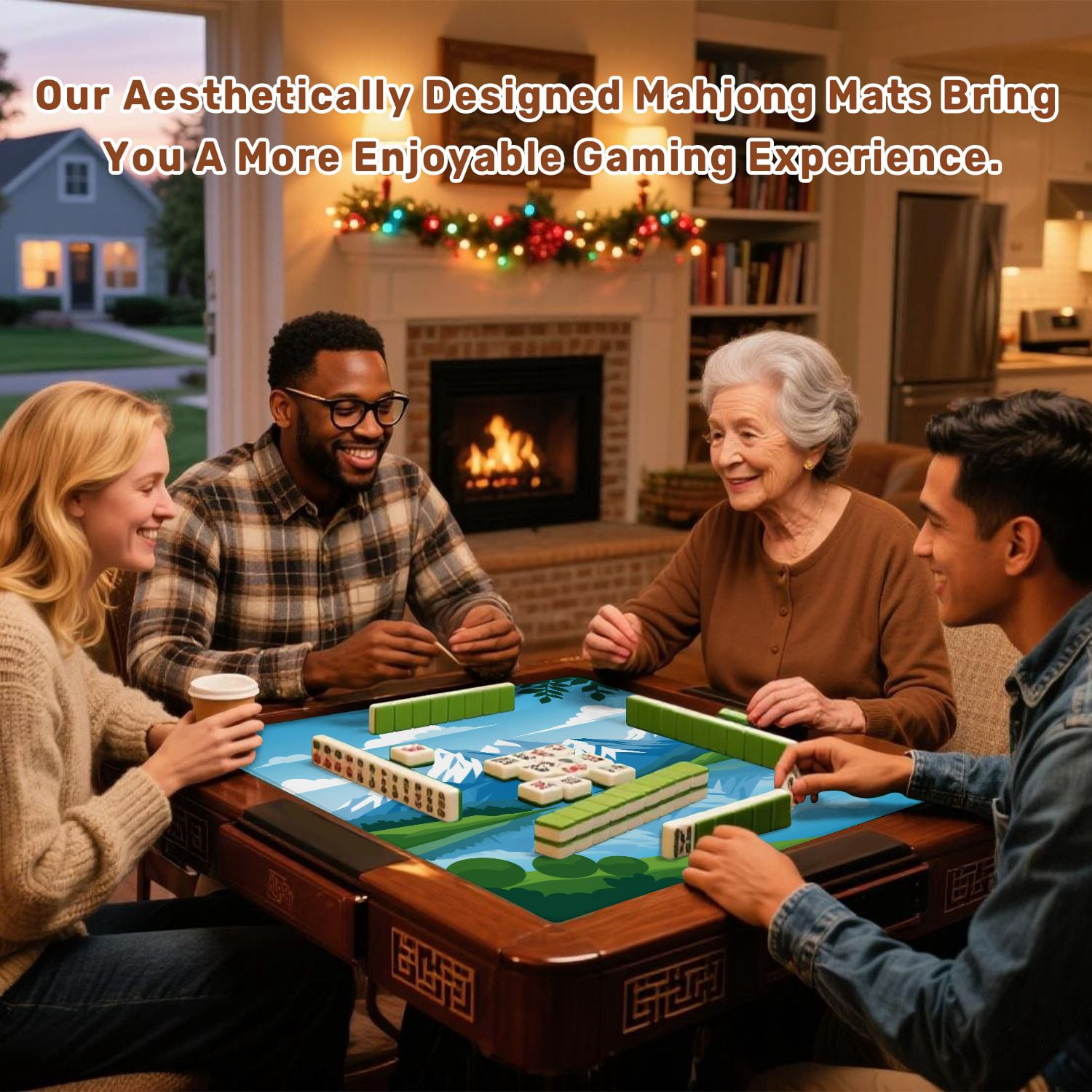 Mahjong Mat 31.5" x 31.5" Graphic design snow capped mountain surrounding lake Non-Slip Noise Reduction American Mahjong Tiles Table Cover for Dominoes Poker Card Board Games Gift