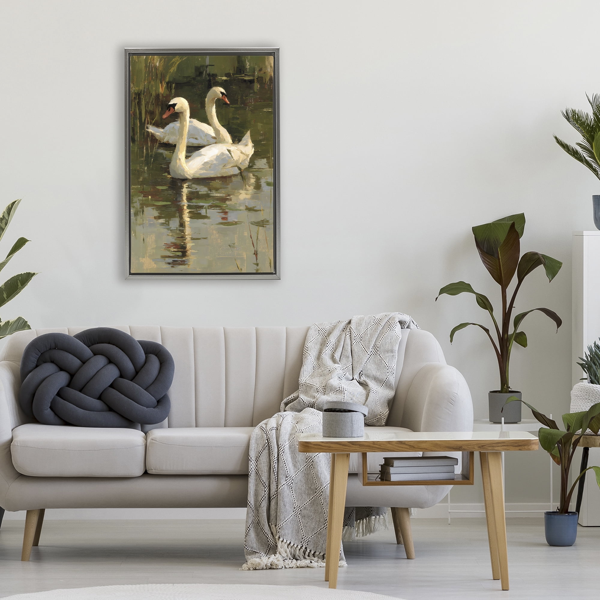 Stupell Industries Swans For A Swim Gray Framed Floater Canvas Wall Art, design by Petal Prints Design