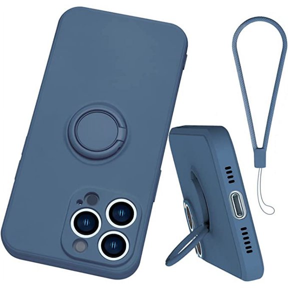 Silicone ring bracket mobile phone case for iPhone 13 pro max,360 ° bracket protective cover with hand strap, support magnetic vehicle bracket(Blue)