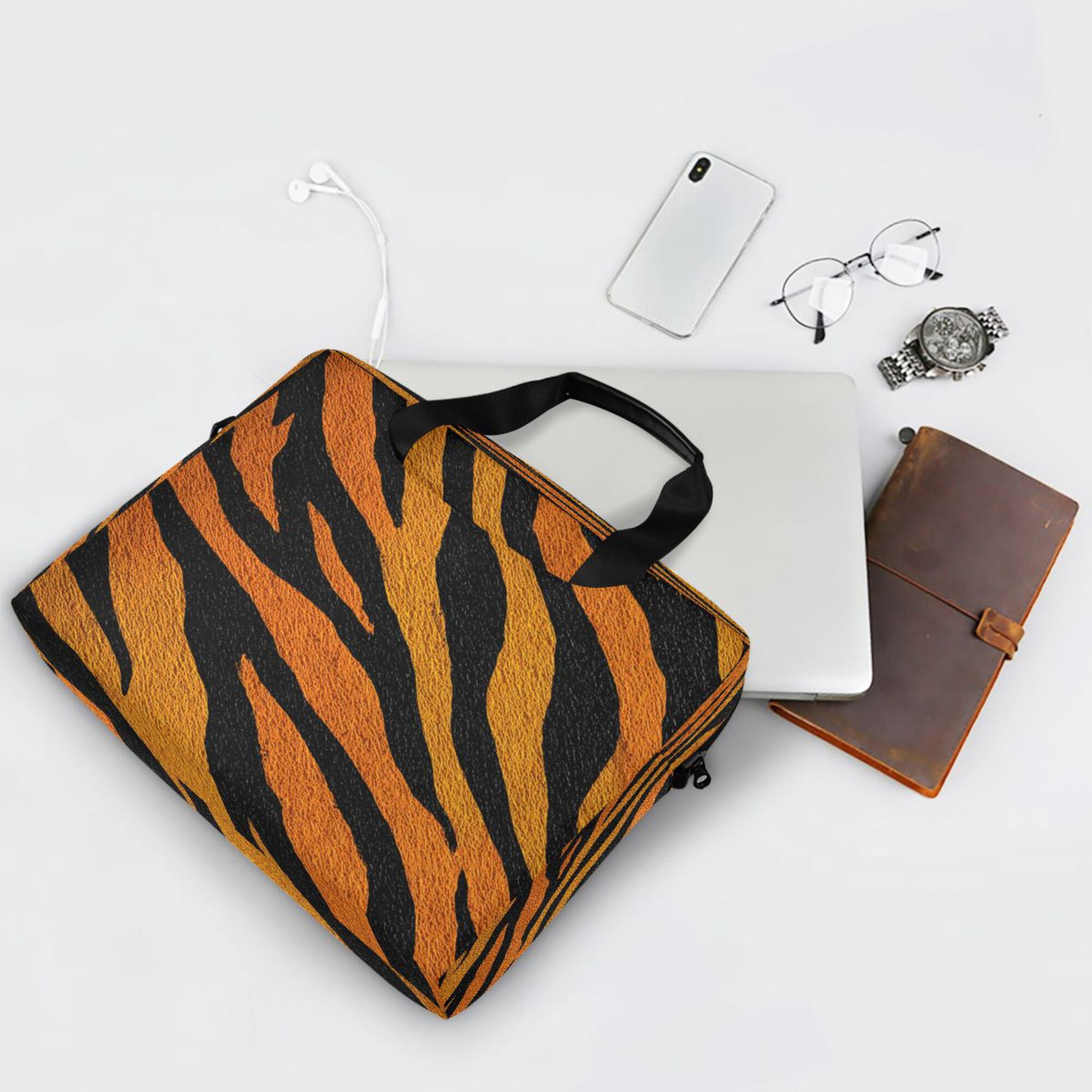 16" Laptop Briefcase, Detachable Anti-Slip Shoulder Strap, Multi-Compartment Work Travel Bag Bright Amber Tiger Stripes
