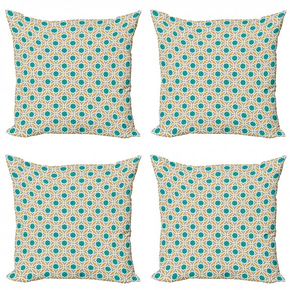 Ambesonne Teal Throw Pillow Cover 4 Pack, Oriental Eastern Design, 24", Mustard Teal and Grey