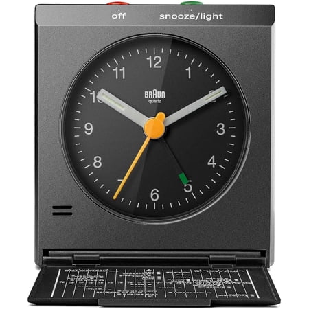 Classic Analogue Travel Alarm Clock with Snooze and Light with Folding Map Lid, Black, BC05B