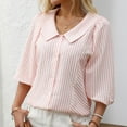 thumbnail image 6 of Lenpel Women's Button down Shirts Striped V Neck Collared Pleated 3/4 Length Lantern Sleeve Tops Summer Spring Outfits, 6 of 7