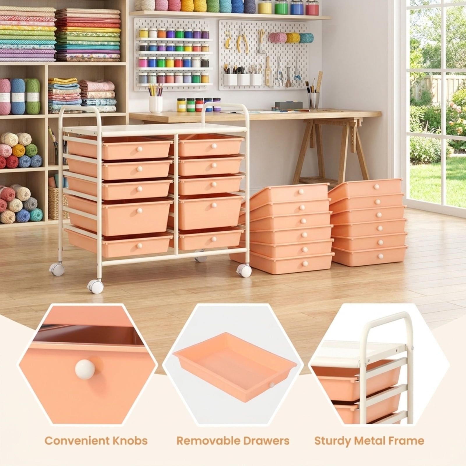 Furnibear 12 Drawers Rolling Storage Cart for Home and Office Multi Organizer for Craft Room Classroom, Peach