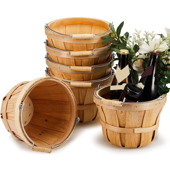 6 Pack 1/2 Peck Wooden Bushel Baskets with Handles, Small Harvest Storage Baskets