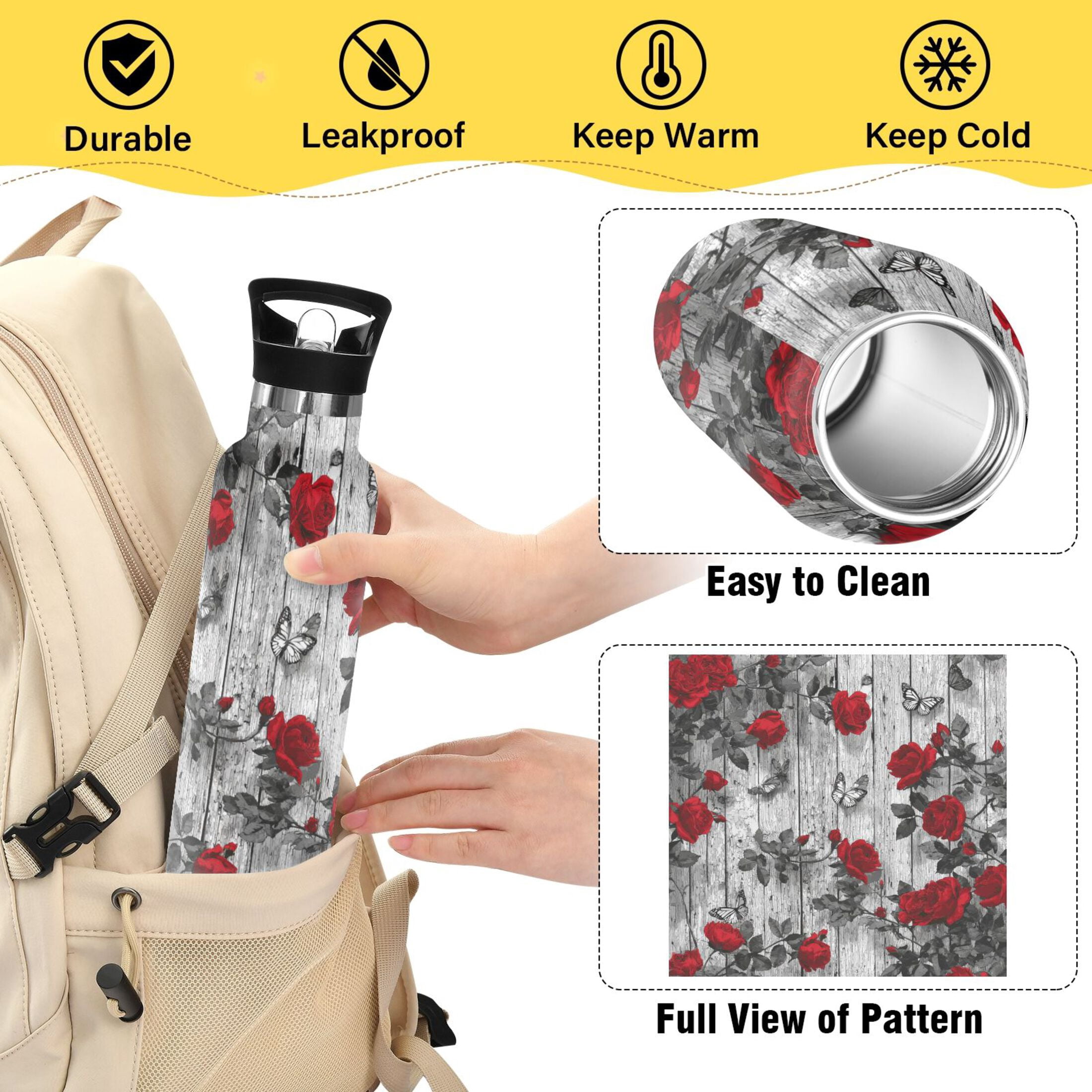 Kids Insulated Stainless Steel Sports Water Bottle 600ml (20oz) Red Roses and Butterflies