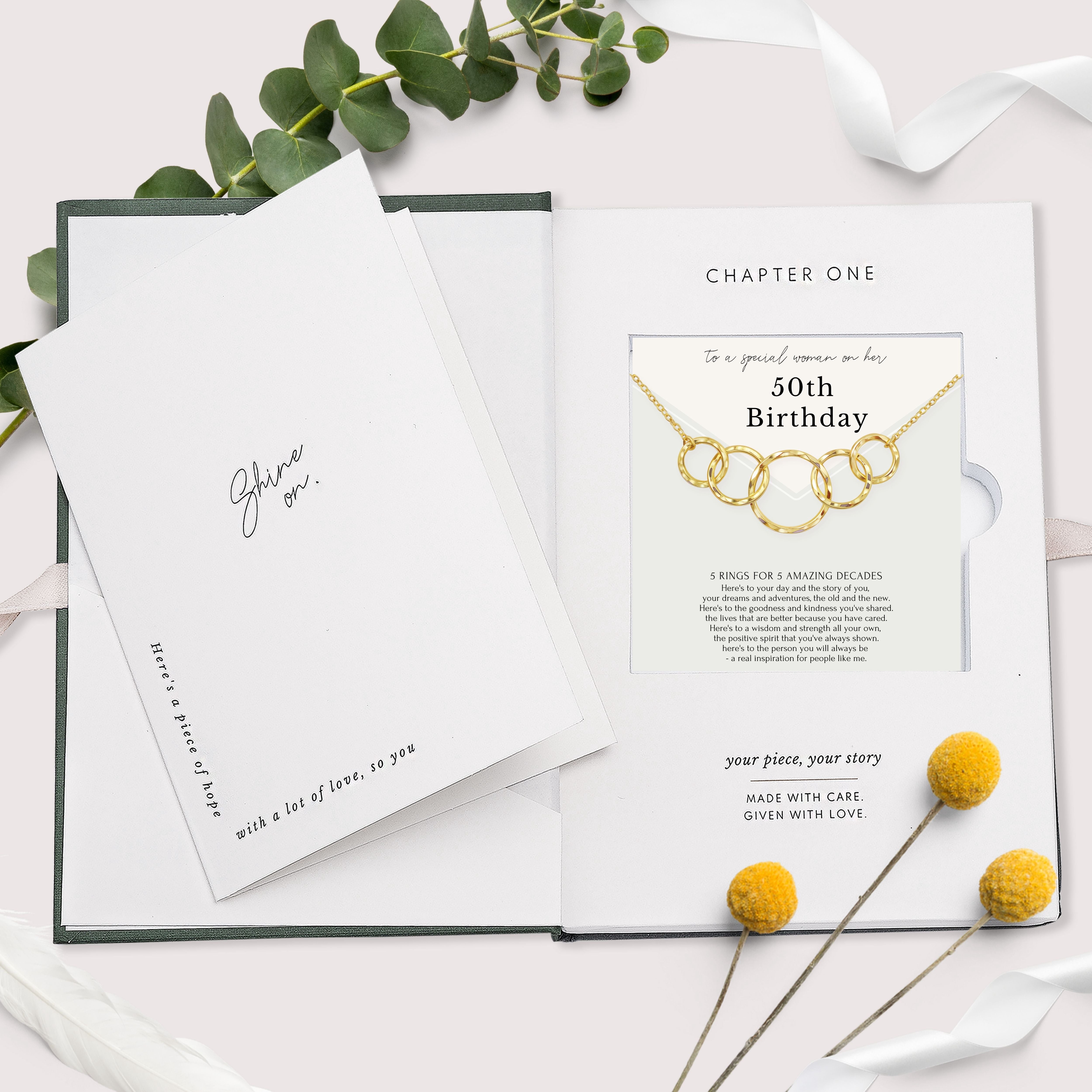 HOPE LOVE SHINE 50th Birthday Gift for Her – 5 Ring Gold Necklace, 5 Decades Jewelry