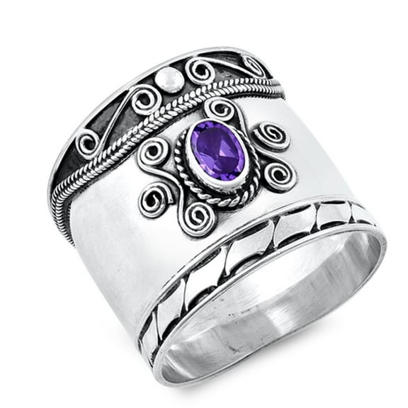 CHOOSE YOUR COLOR Simulated Amethyst Wide Bali Swirl Ring .925 Sterling Silver Dot Band Purple CZ Female Size 8