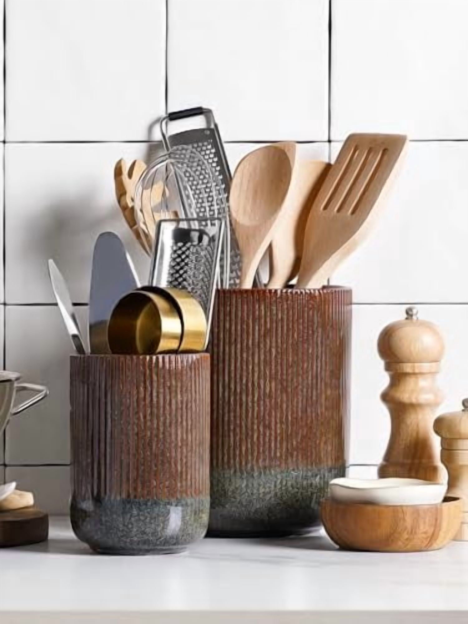 Utensil Holder for Kitchen Counter, 7.3"+5.4" Fluted Ceramic Utensil Crock Organizer for Countertop, Heavy Large Holder for Spatulas, Spoons, Set of 2, Olive Brown Marble