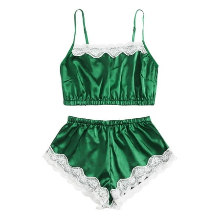 

Qcmgmg Women Two Piece Pajamas Set Lace Cami Crop Top Shorts Set Satin Loungewear L