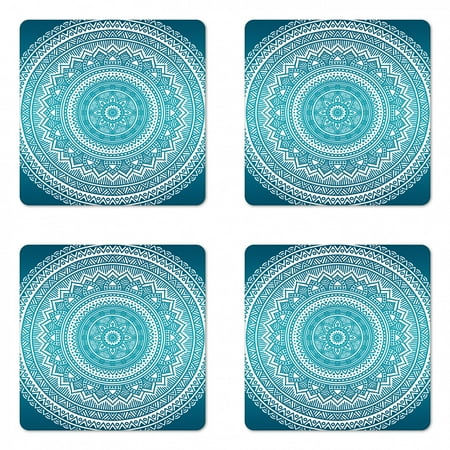 

Turquoise Ombre Coaster Set of 4 Mandala Medallion Starry Design with Flower in Middle Art Square Hardboard Gloss Coasters Standard Size Dark Turquoise by Ambesonne