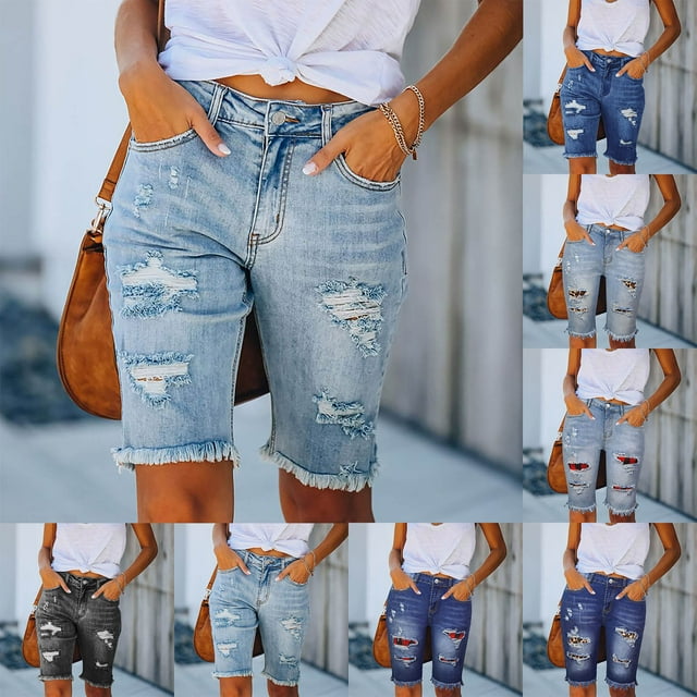 Pxkloy Womens Long Jean Shorts High Waisted Frayed Cut Off Bermuda Short Ripped Distressed Knee Length Stretch Denim Shorts Red,L