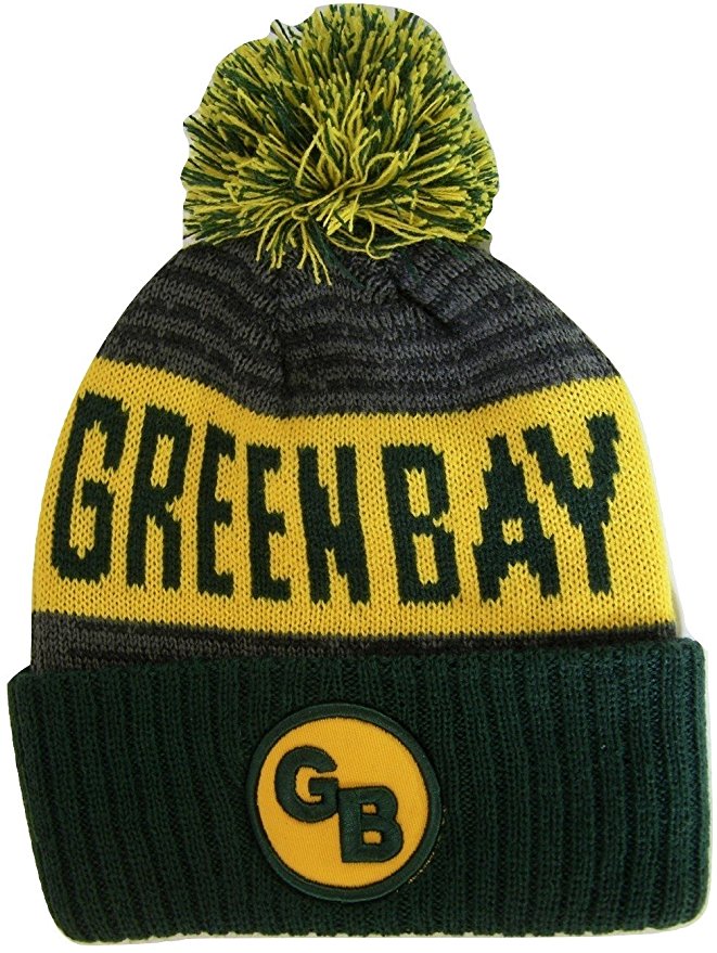 Green Bay GB Patch Ribbed Cuff Knit Winter Hat Pom Beanie (Green/Gold ...
