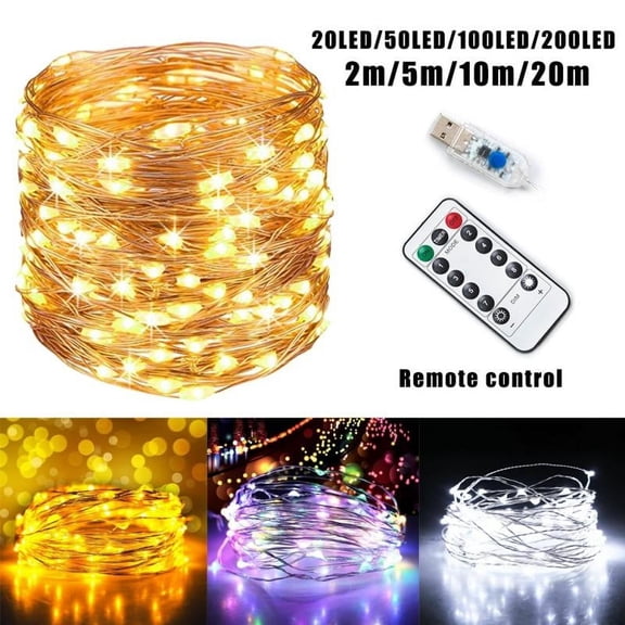 USB Fairy String Lights with Remote and Power Adapter, 2M 20 LED Firefly Lights for Bedroom Wall Ceiling Christmas Tree Wreath Craft Wedding Party Decoration, Warm White