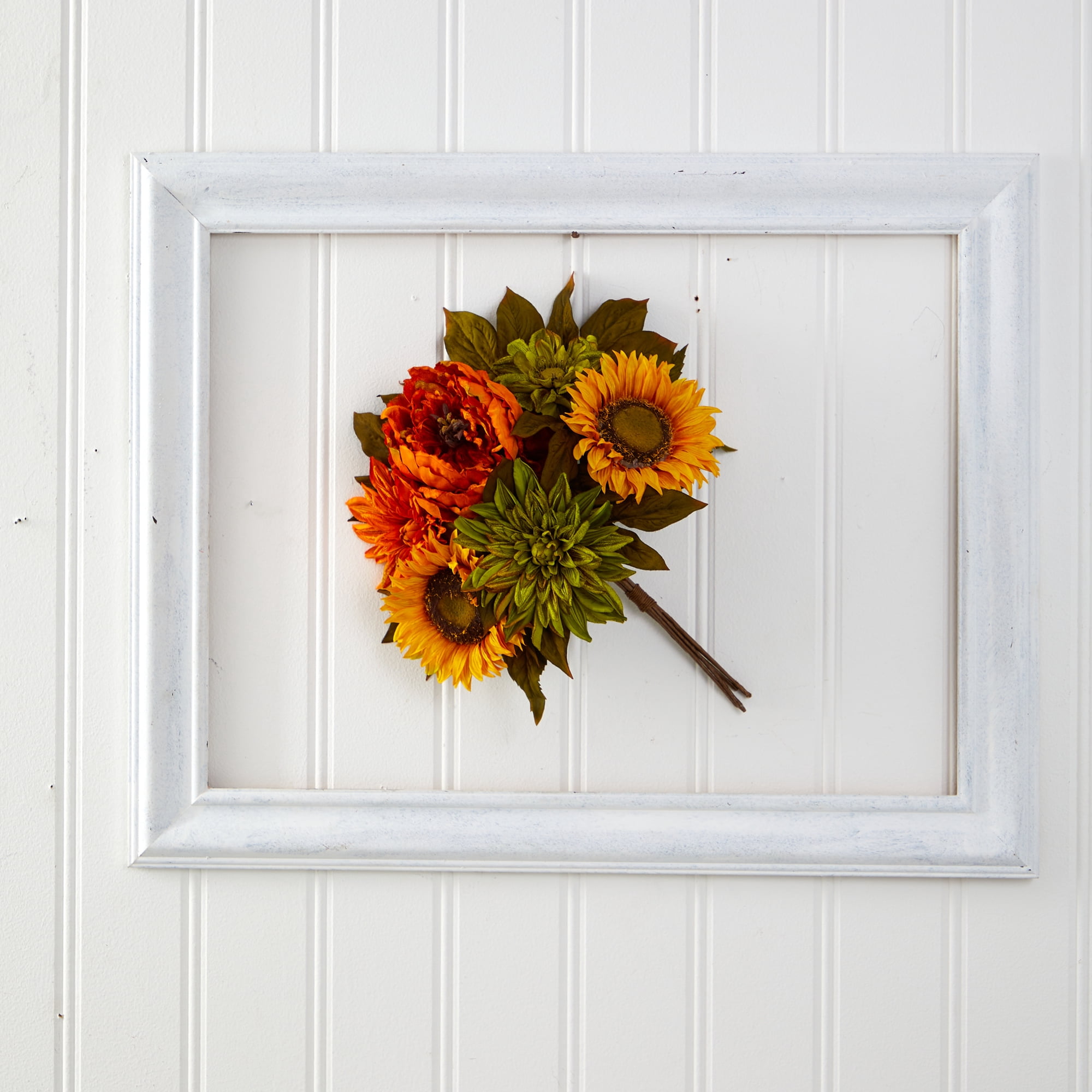 Nearly Natural Orange 16" Peony, Dahlia and Sunflower Artificial Flower Bouquet (Set of 2)