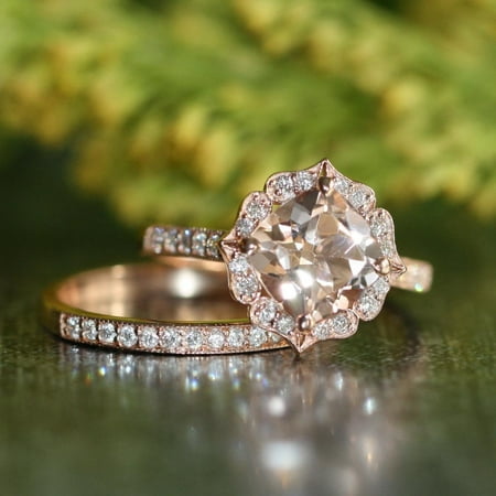 LImited Time Sale 1.50 carat Round Cut Morganite and Diamond Halo Bridal Set in Rose Gold: Bestselling Design Under Dollar 500