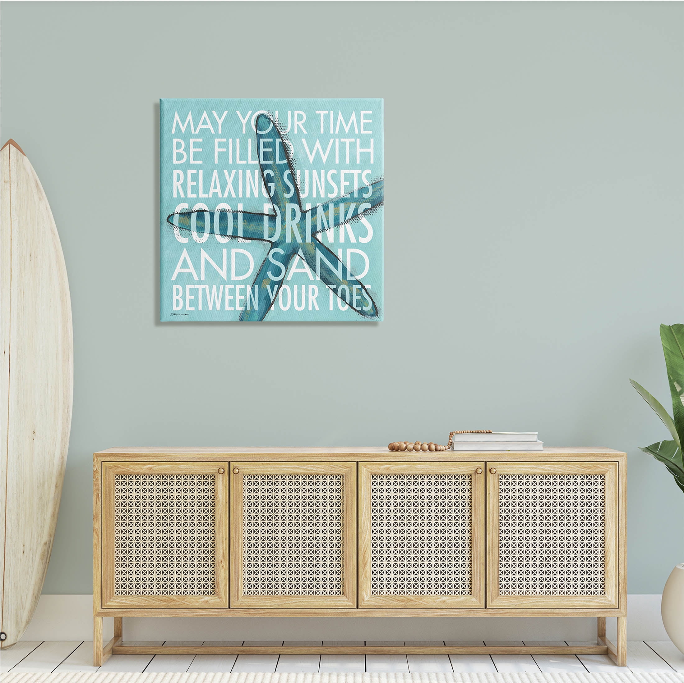 Sunsets Cool Drinks Sand Beach Phrase Blue Starfish 30 in x 30 in Painting Canvas Art Print, by Stupell Home Décor