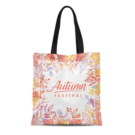 SIDONKU Canvas Tote Bag Autumn Festival Lettering Leaves in Fall Colors Seasons Greetings Reusable Shoulder Grocery Shopping Bags (Best Handbag Color For All Seasons)