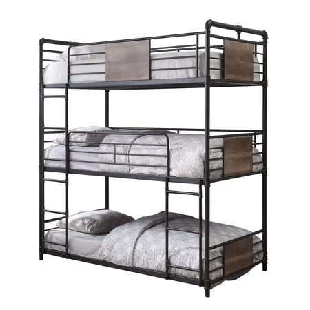 Metal Triple Twin over Twin Size Bunk Bed with Ladders Black and Brown