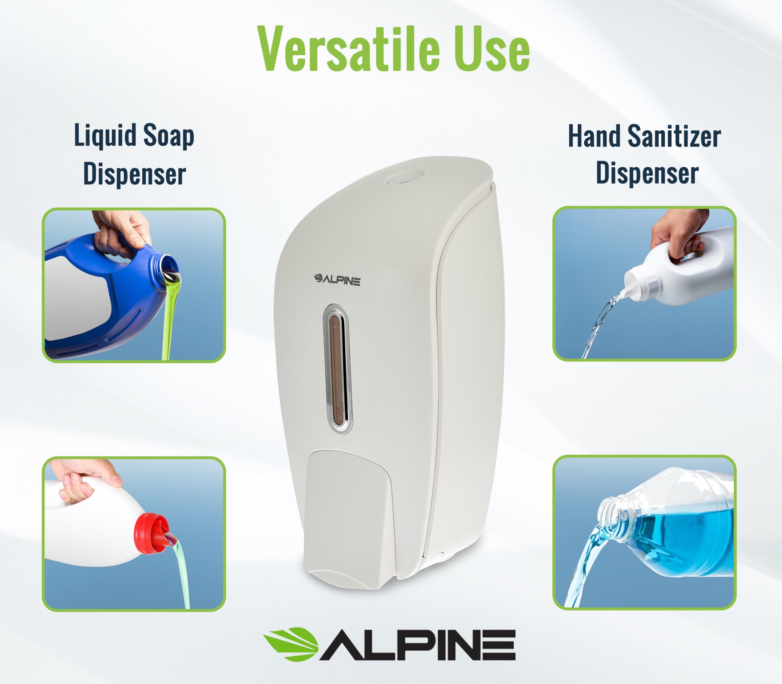 Alpine Manual Soap Dispenser Wall Mount - Commercial Soap Dispenser Wall Mounted for Liquid Soap & Hand Sanitizer Perfect for Bathroom, Kitchen, Refillable 800 ml Capacity (White)