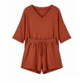 thumbnail image 5 of Costeam Womens V Neck Half Sleeve Two Piece Matching Set Loose Fit Top and Casual Shorts Lightweight Airy Fabric Side Pockets Elastic Waist Relaxed Daily Loungewear Outfit, 5 of 8
