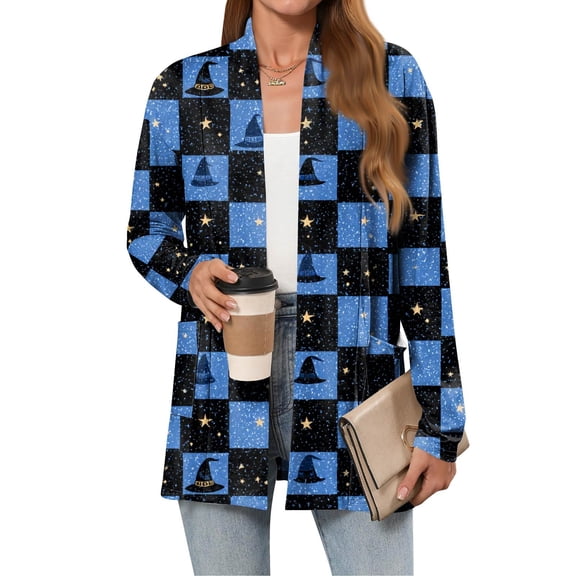 WTOBBY Women's Lightweight Open Front Cardigan Sweater Long Sleeve Casual Loose Thin Knit With Pockets Halloween Print Cover Up Top For Fall Layering,Blue L