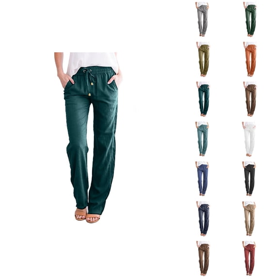 Cotton Linen Pants Women Spring Summer Lightweight Elastic Waist Drawstring Wide Straight Leg Work Pants with Pockets